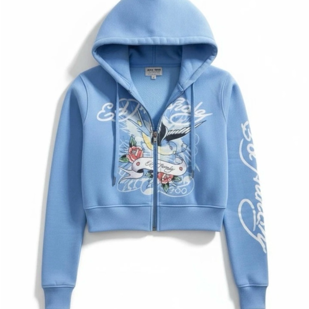 Ed Hardy Light Blue Cropped Zip Hoodie with Graphic